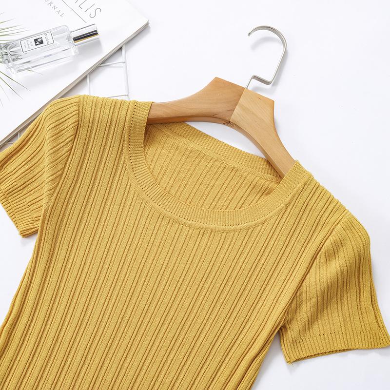 Летняя женская футболка, вязаный пуловер с короткими рукавами, вязаная футболка с круглым вырезом, облегающий топ