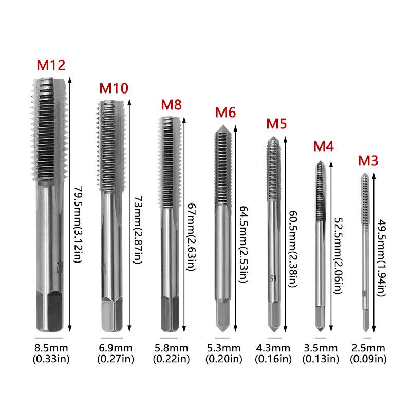 Семипредметный набор метчиков с прямым желобком: M3-M4-M5-M6-M8-M10-M12