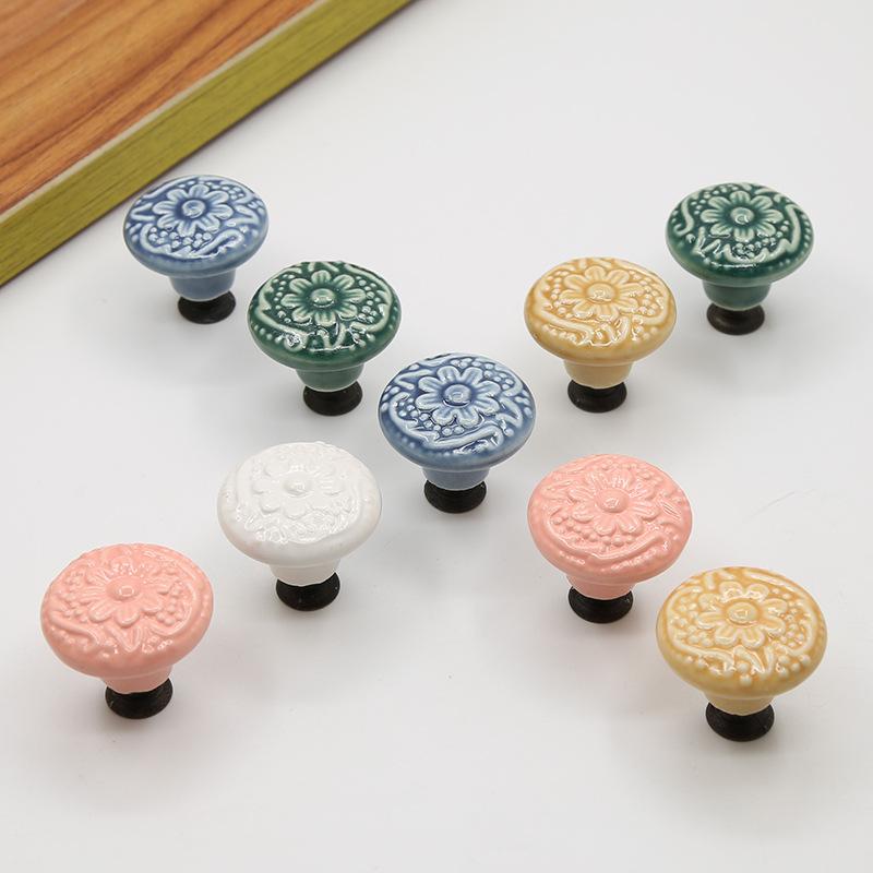 Ceramic Cabinet Drawer Door Knob Cupboard Wardrobe Embossed Round Pull Handle with 25mm Screw