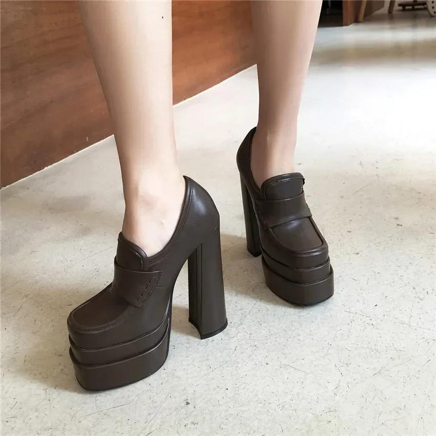 Women High Chunky Heel Platform Loafers Rosy Pink White Microfiber Party Club Lady Slip-on Square Toe British Thick Bottom Pumps