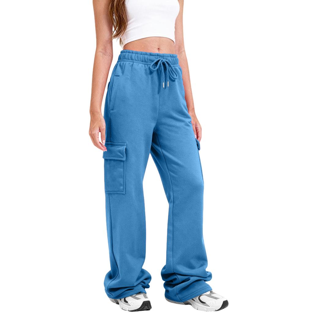 Women Cargo Sweatpants Stacked Pants Warm Fleece Drawstring Waist Casual Joggers Trousers