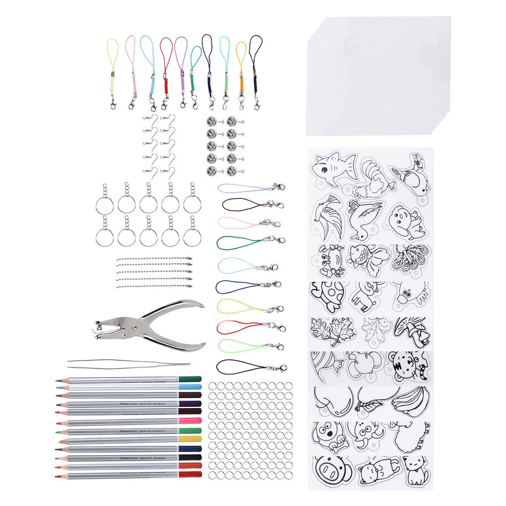 Heat Shrink Sheet Set Complete Shrink Plastic Sheet Kit with Colored Pencils for Key Chains Jewelry Toys Making Gift