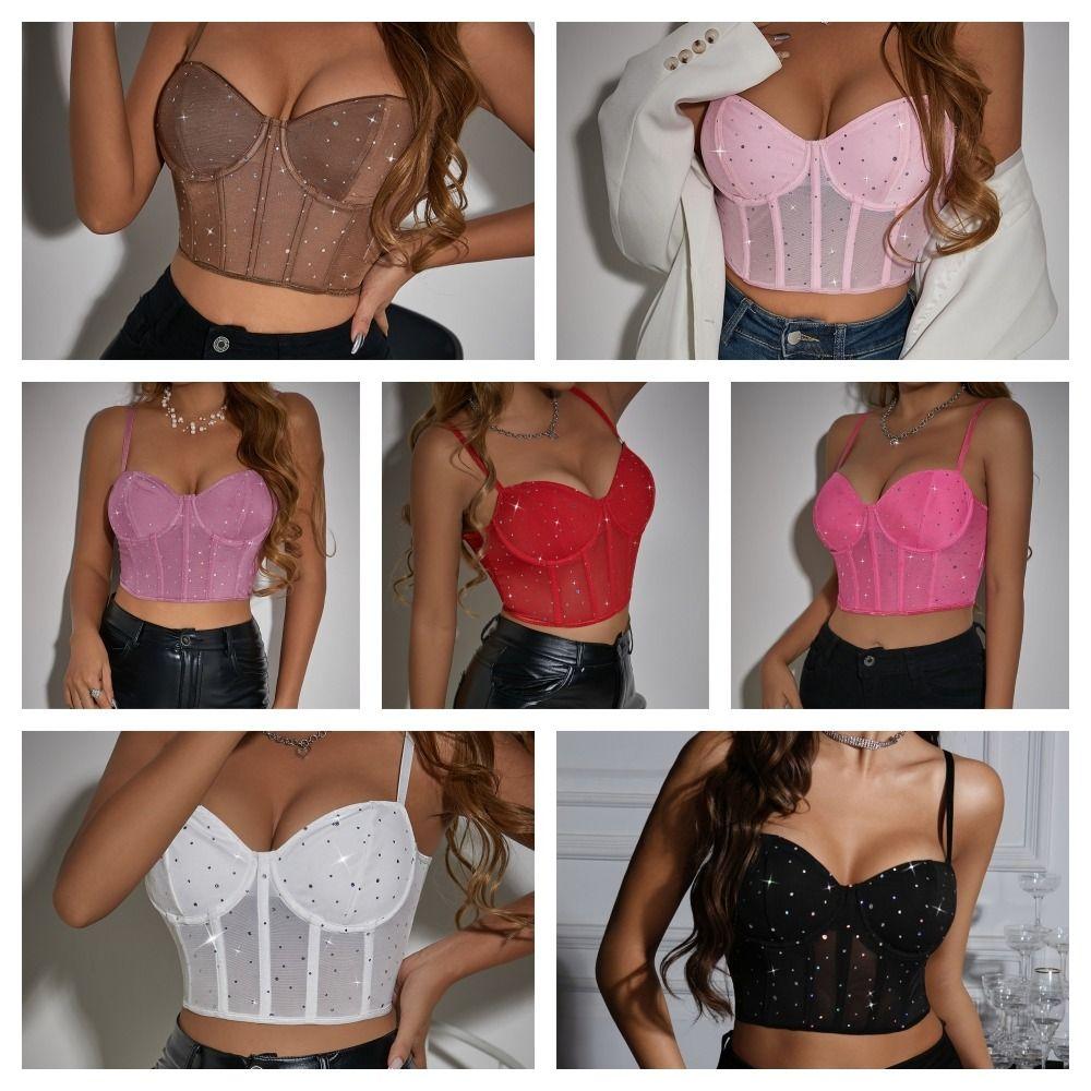 Crystal Sexy Tank Top Hollow Out Women Short T-shirt Vintage Mesh Crop Top Streetwear