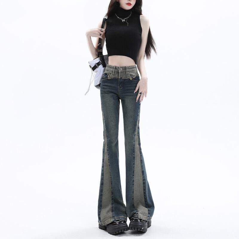 American retro splicing micro-pull jeans women's summer wear new design sense niche high-waisted thin high-street horseshoe pants