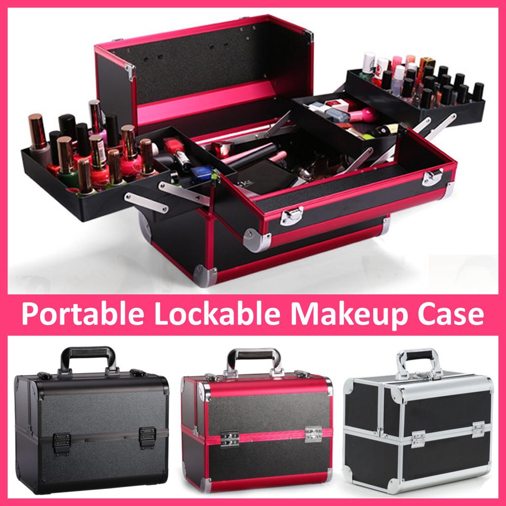 Portable Lockable Aluminium Hard Make Up Travel Storage Box, Cosmetic Beauty Vanity Case, Organiser, Large Capacity Toolbox Case