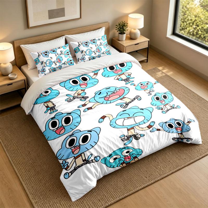 3Pcs Bedding SetAmazing World of Gumball Soft Bed Sheet and Two Pillowcases Home Bedroom Decor