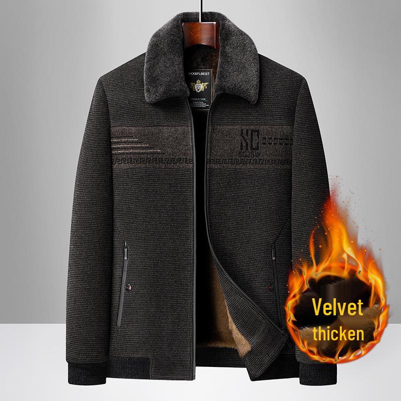 Мужская хлопковая куртка с меховым воротником и подкладкой из бархата - Осенне-зимняя коллекция 2025 года, деловой повседневный вельветовый пальто для среднего и пожилого возраста