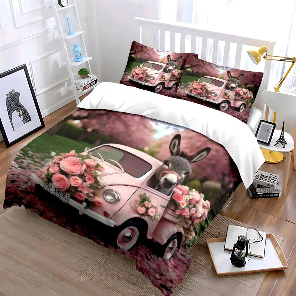 "Spring Floral Donkey Decor Set" Soft Comfortable Duvet Cover Bedding Set Included 1*Duvet Cover & 2*Pillowcases, gift