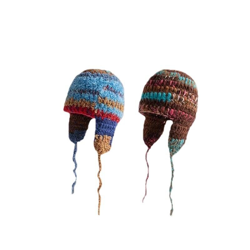 Hand-spliced color ear protection wool hat female cute rainbow knitted warm strap parent-child Lei Feng hat