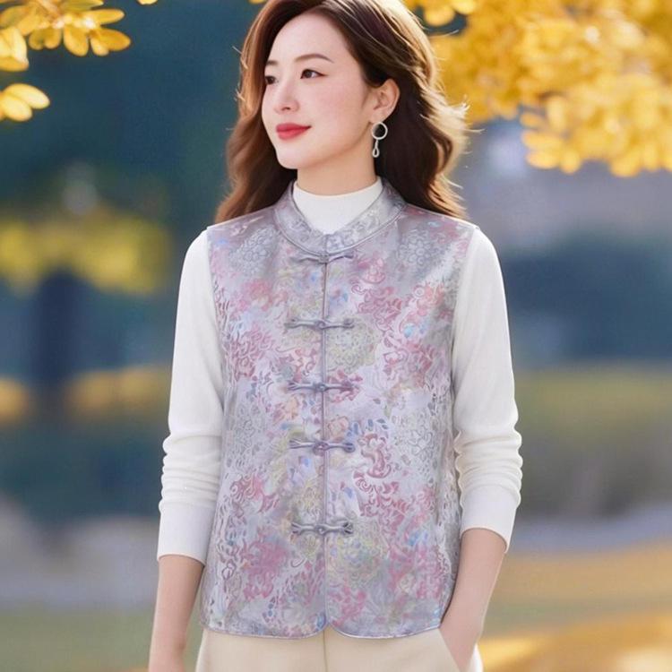 Элегантный ретро-жилет с жаккардовым узором и пуговицей-лягушкой для мам - Уменьшающий возраст, стильная верхняя одежда для женщин среднего и пожилого возраста