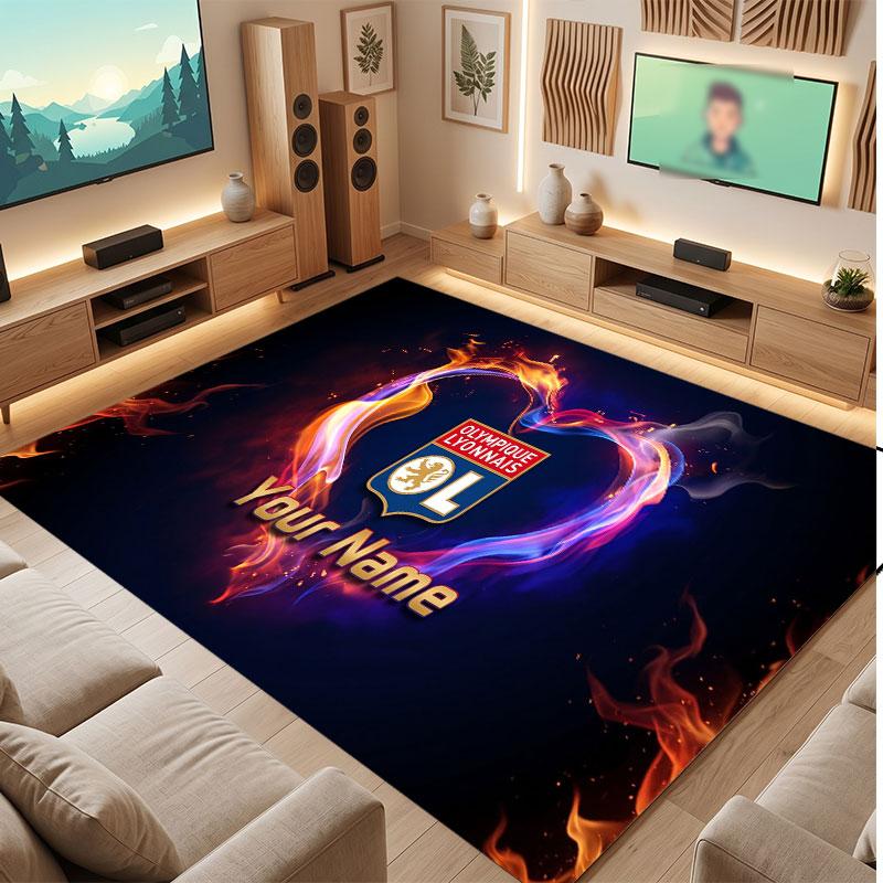 Lyon FC Custom Crystal Velvet Rug, Personalized Name Text Print, Football Logo Soft Non‑Slip Floor Mat Home Decor Gift