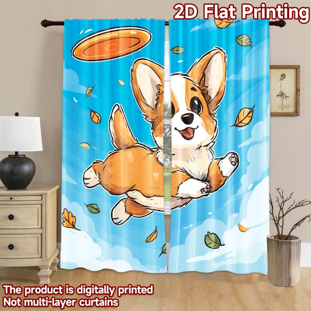 2D flat printing 2pcs Curtains Cute Corgi Flying Frisbee Digital Printed Polyester Drapes Festive Holiday for Home Wall Yard Use