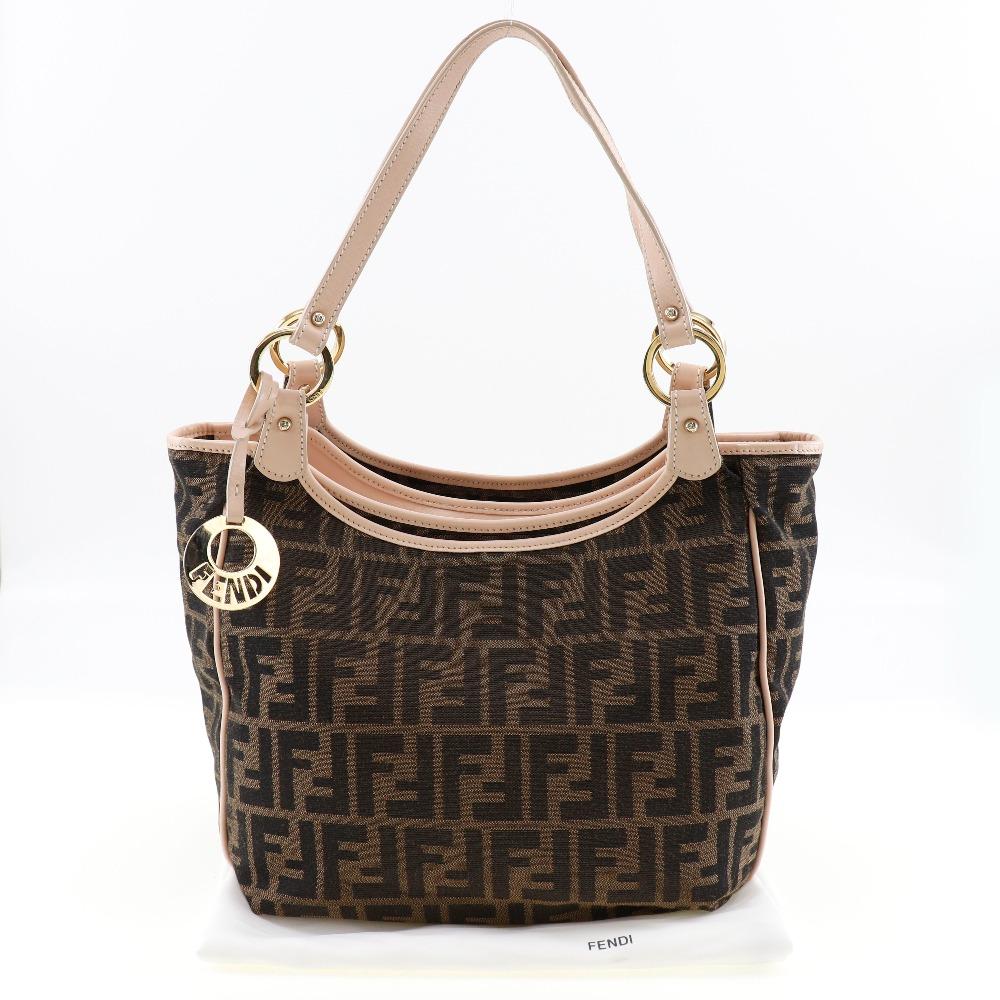 Fendi Сумка-тоут Zucca 8BH156 Шарм с логотипом Холст коричневый/розовый Женская Б/у