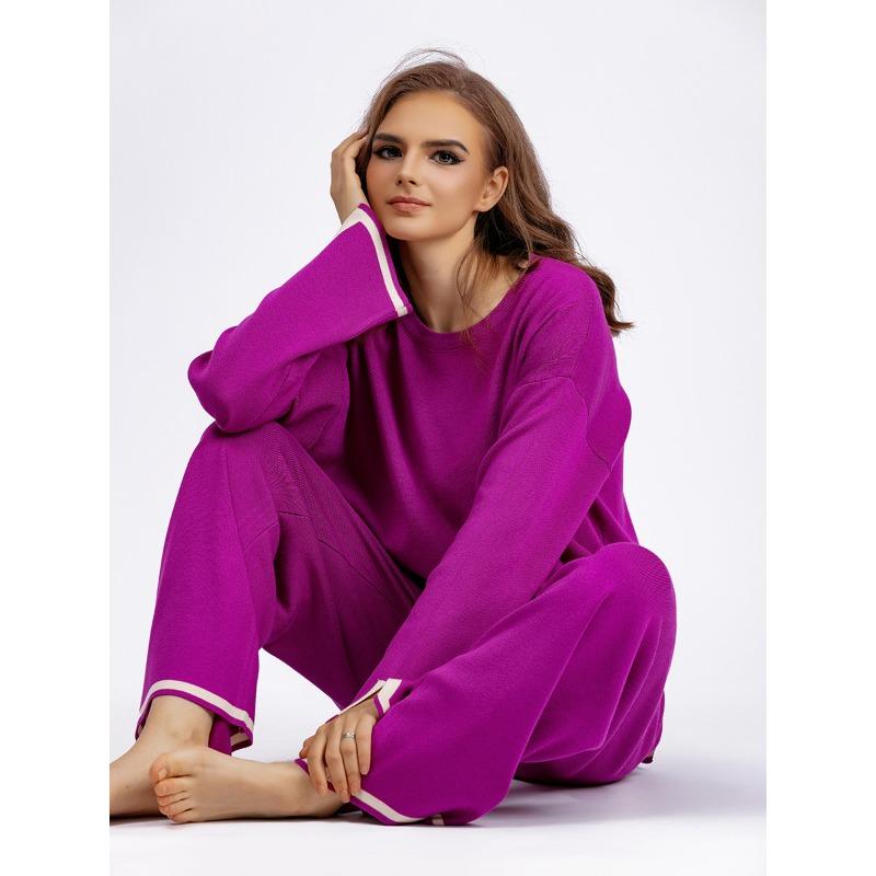 Осенне-зимний женский вязаный свитер, комплект, темпераментный цветной коллизион, топ с длинными рукавами и высокой талией, широкие брюки, две части