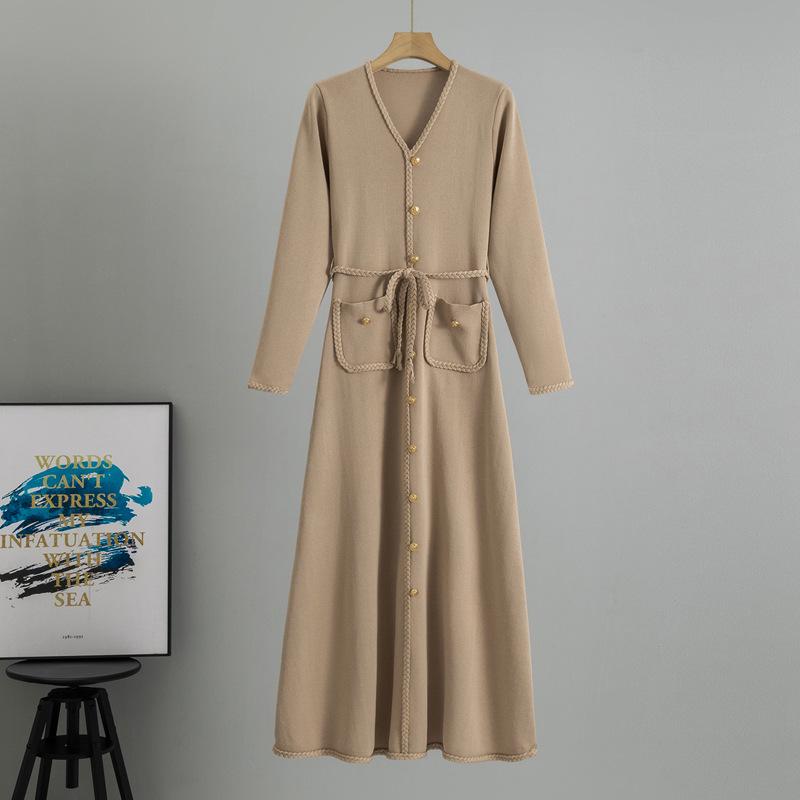 French Knitted A-line Dress & Matching Coat - Women's Slimming Autumn/Winter Woolen Base Layer