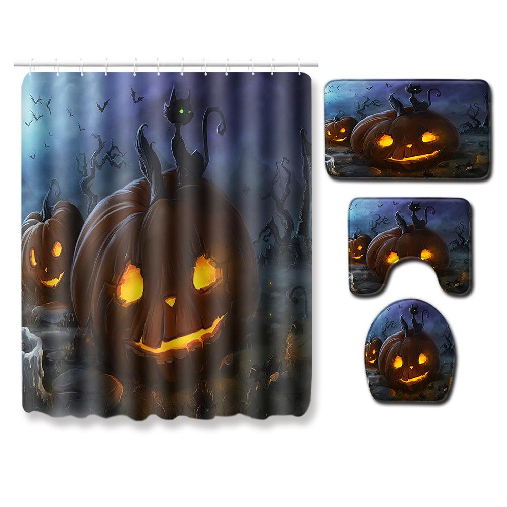 Halloween Shower Curtain Floor Mat Combination Four-Piece Set Bathroom Toilet Carpet Shower Room Foot Mat