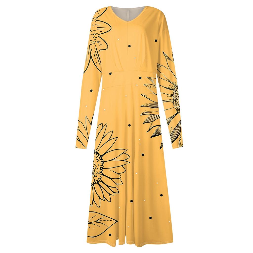 Женское осенне-зимнее повседневное модное длинное платье с v-образным вырезом и длинным рукавом с принтом