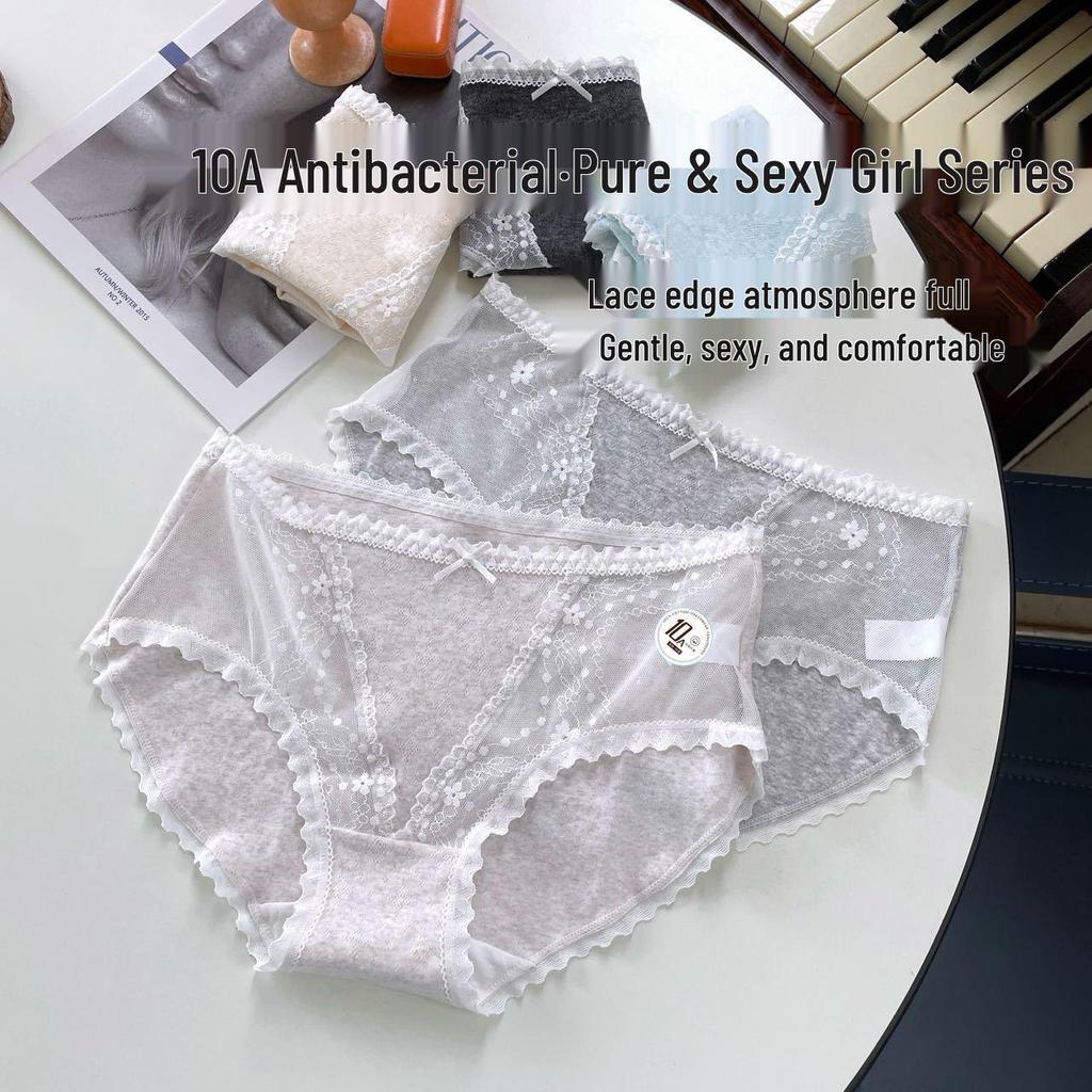 10A Antibacterial Korean Lace Sexy Girl's Cotton Panties with Silk Crotch - Mid-Rise Triangle Fit