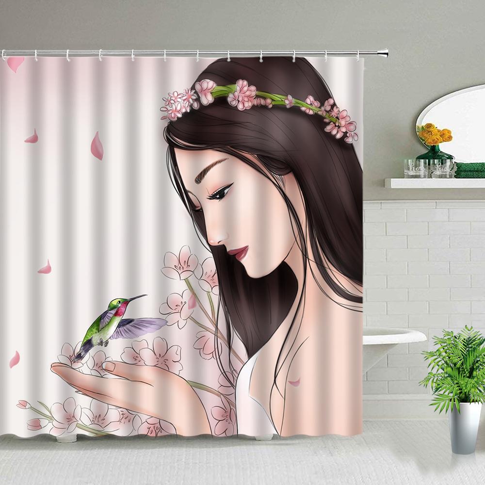 Солнечный свет Пляжная девушка Пальма Доска для серфинга Пейзаж Шторки для душа Сексуальная женщина 3D-принт Шикарная занавеска Декор для ванной комнаты С крючками