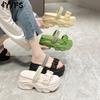 Popular Summer New Slippers Double Wear Thick Bottom Platform Cake One Word High Heel Wedge Heel Pleated Sandals Round Head