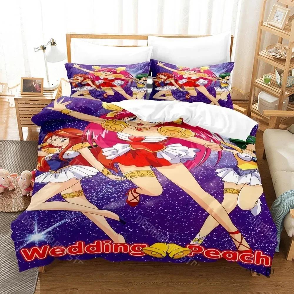 Wedding Peach Bedding Set Single Twin Full Queen King Size Bed Set Aldult Kid Bedroom Duvetcover Sets 3D Anime  Kawaii