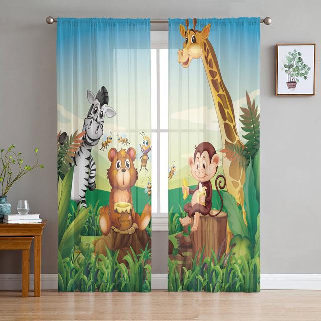 Cartoon Animal Zoo Tropical Jungle Sheer Curtain For Living Room Bedroom Kitchen Window Decor Giraffe Elephant Tulle Curtains