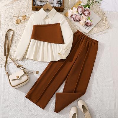 Детская мода Рубашка с длинным рукавом Комплект с широкими брюками, Осенний повседневный комплект для девочек