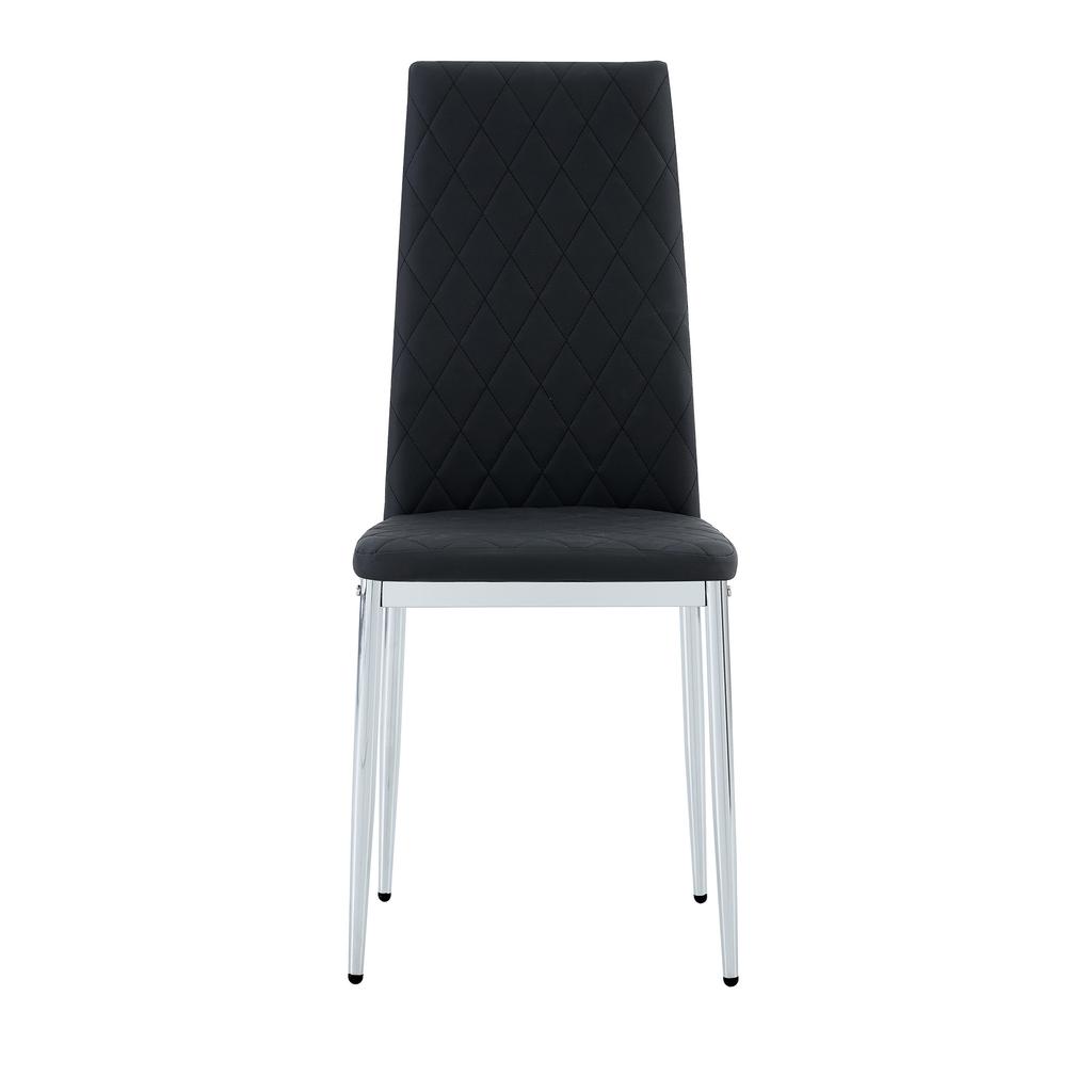 Set of 4 dining chairs, black, diamond pattern PU leather, metal legs, modern chair for kitchen, living room, café & home office