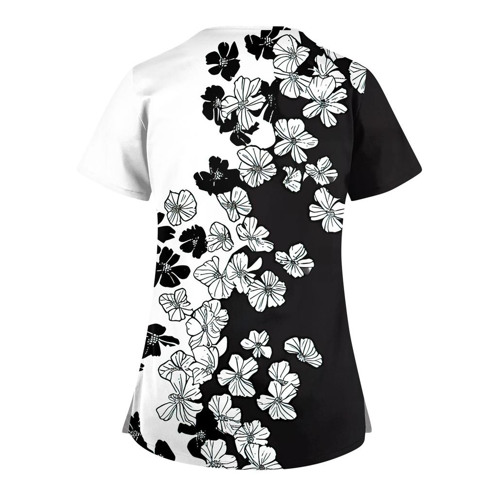 Women's Short Sleeve Stagger V Neck Print Pocket Dry-nurse Top