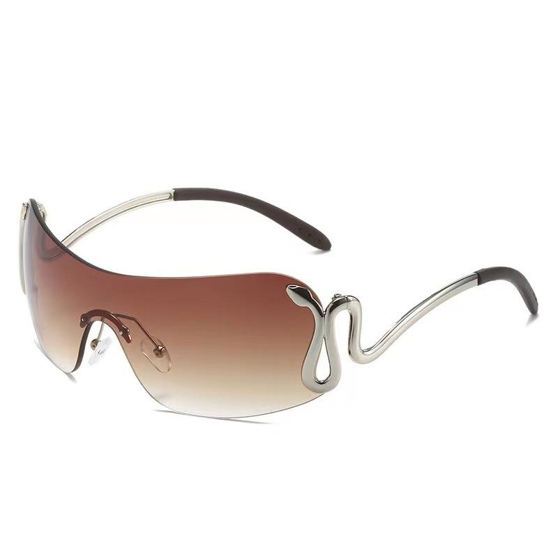 New style of seamless, one-piece metal frameless sunglasses, featuring a European and American design with a unique snake motif, fashionable tinted