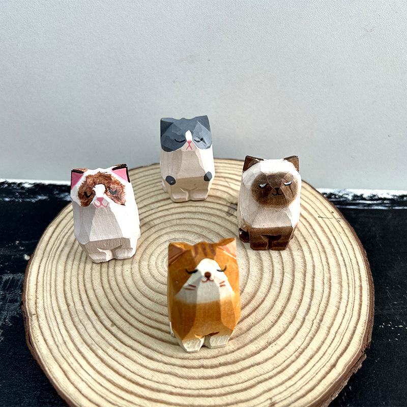 1PC Small Animal Creative Desktop Wood Cat DIY Decoration Crafts Handmade Wood Carving Kitten Ornaments
