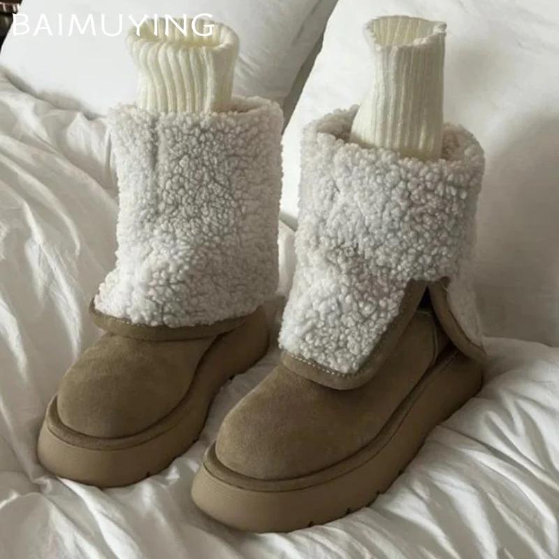 Зимние женские сапоги на платформе, высокие меховые туфли на среднем каблуке, короткие плюшевые мотоциклетные сапоги 2025 года, трендовые зимние ботинки на толстой подошве для женщин
