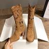 Hollow Embroidered Vintage Western Boots Women Autumn Chunky Heels Knee High Cowboy Boots Woman Pu Leather Knight Booties
