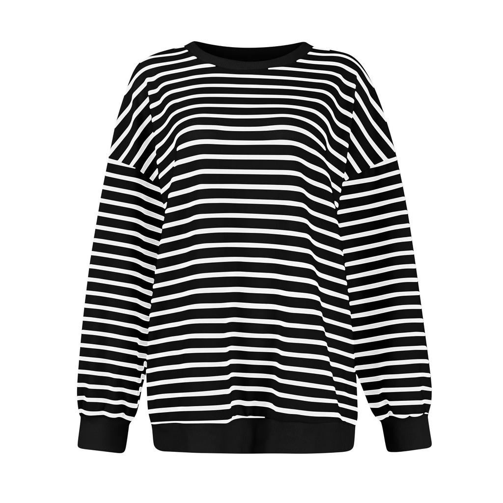 Женская мода круглый вырез полосатый длинный рукав повседневный спортивный свитер топ