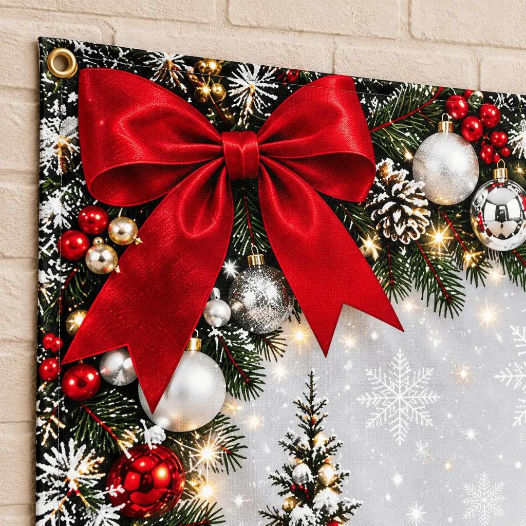 1 Christmas banner for a relaxed Christmas atmosphere! Red bow with silver-white snowflakes, snow-covered Christmas tree