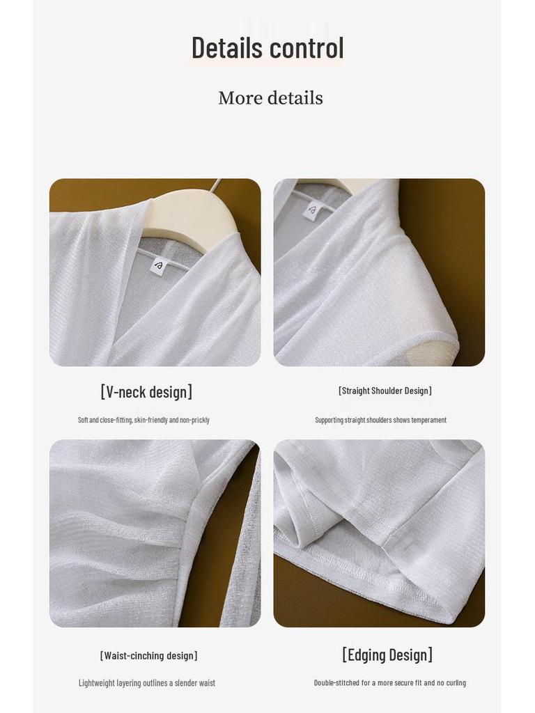 Блузка с V-образным вырезом из люрексовой сетки с длинными рукавами - Женская приталенная модель для весны/осени