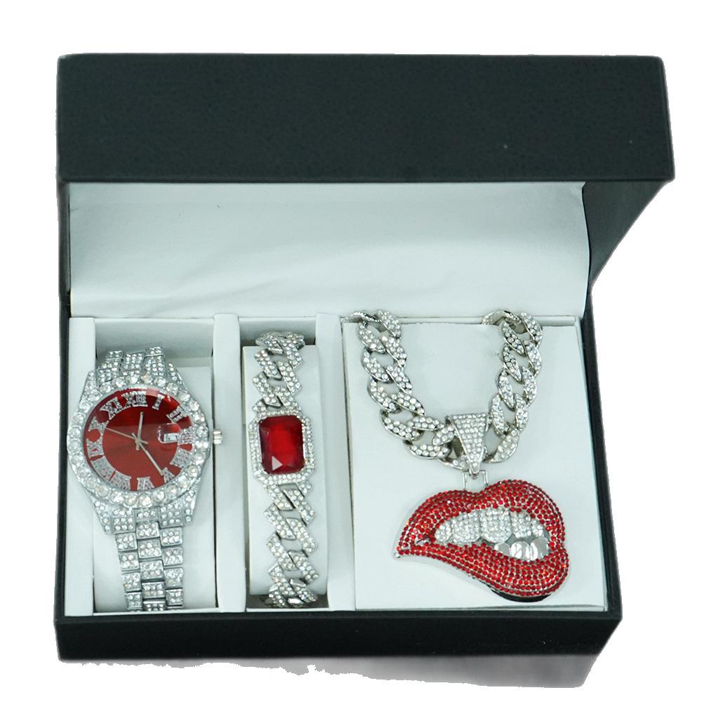 Red Sexy Lip Bite Hip Hop Gold Plated Zircon Alloy Creative Pendant Necklace with Bracelet Watch and Fashion Chains Gift Box Set