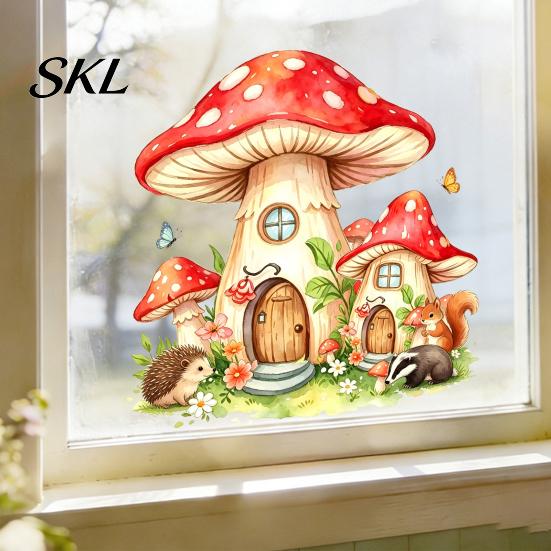 Decorative PVC Window Clings for Home Watercolor Forest Fairy Static Cling, Mushroom Elf Cottage Glass Decal Versatile Party Decoration Decals