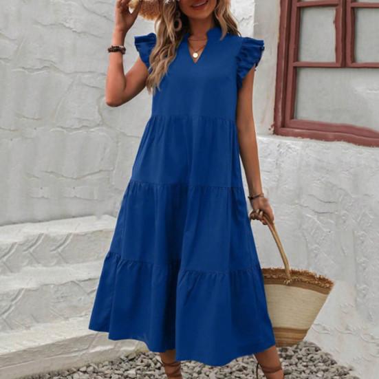 Women Summer Dress V Neck Pure Color A-line Patchwork Big Hem Flying Sleeves Ruffle Pleated Dating Party Vacation Beach Midi Dress