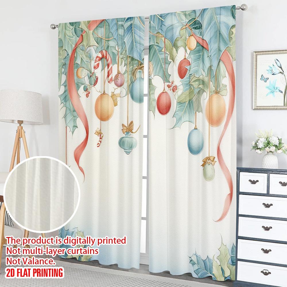 2pcs 2D flat printing Merry Christmas Curtains Christmas Holly Garland Ornaments Digital Printed Polyester Drapes Festive
