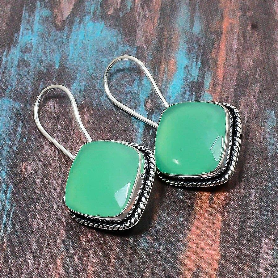 Серьги из стерлингового серебра 925 пробы с зеленым халцедоном ручной работы