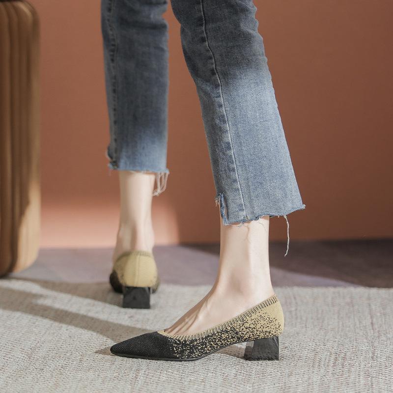 Модные туфли-лодочки женские 2024 новые универсальные вязаные туфли толстые каблуки и острые носки легкие туфли из сетки 40 Zapatos De Mujer