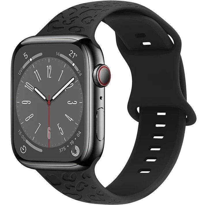 Silicone Strap for Apple Watch 1/2/3/4/5/6/7/8/9/10/11/SE Ultra 1/2/3 42/44/45/46/49mm, Leopard, Black
