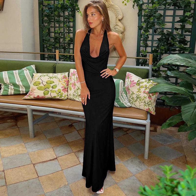 2024 Осень/Зима Европейское и Американское Женское Сексуальное Платье Халтер Без Спины с Драпированным Вырезом