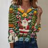 Women's Fashion Casual V-Neck Long Sleeve Decorative Button Christmas Print Top