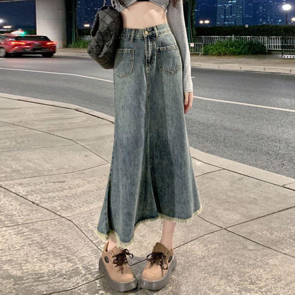 Retro Denim Skirt Women Solid Color Hairy Fishtail Skirt Simple High Waist Long Skirt Daily