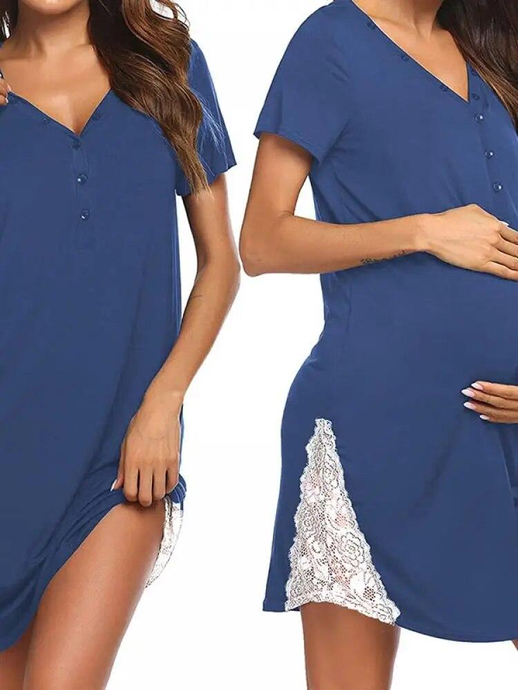 Ночная рубашка для кормящих женщин, платье для беременных, ночная рубашка для сна, v-образный вырез, воротник на пуговицах, ночная рубашка, кружевной подол, одежда для сна для кормления грудью, больничное платье