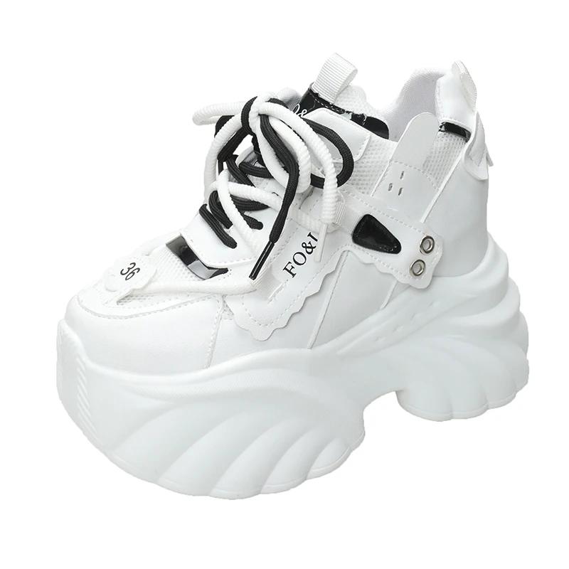 Women Leather Sneakers Spring Lace-up High Platform Chunky Shoes Breathable Walking Shoes 10CM Wedge Heels Casual Sports Shoes