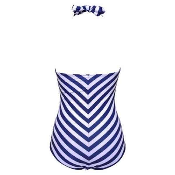 Elegant Plus Size Racy Black Halter Low Cut Beachsuit For Striped Swimwear Women