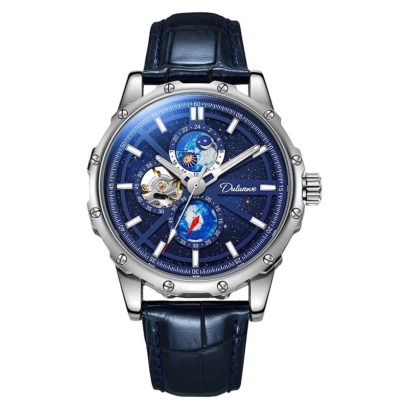 Dulunwe Мужские автоматические механические полые механические часы звездное небо наручные часы водонепроницаемые деловые наручные часы